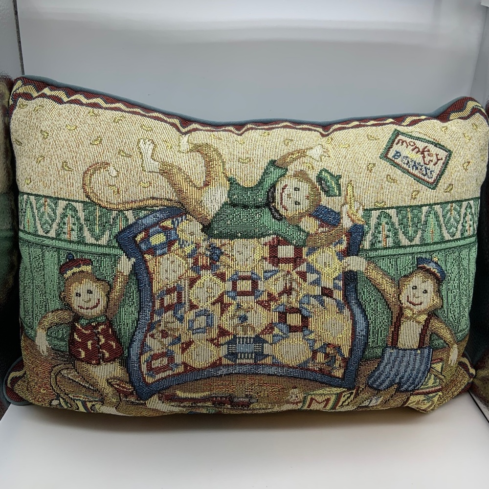 Vintage Monkey Business Cross Stitch Needlepoint Retro Accent Pillow 16" x 8"